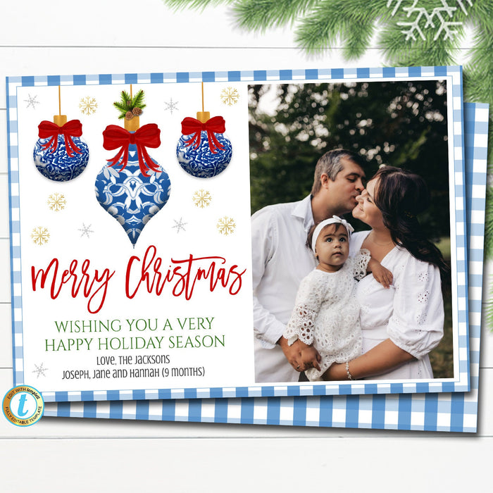 Holiday Photo Card Template, Christmas Preppy Blue and White Ginger Jar, Southern Chinoiserie Chic Invite, Holiday Plaid, Editable Download