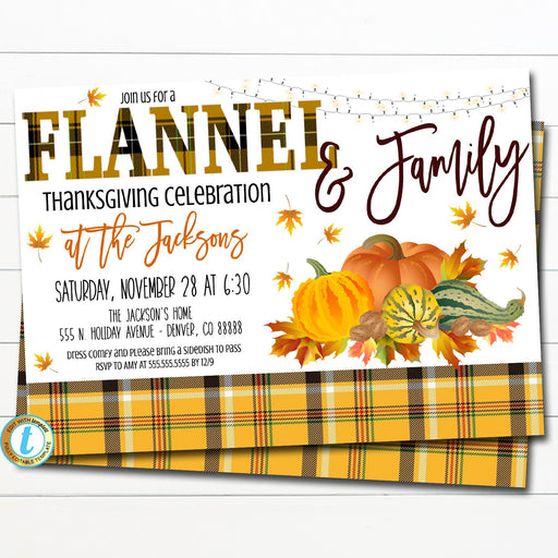 Flannel and Family Thanksgiving Party Invitation, Thanksgiving Autumn Plaid Invite Fall Potluck Dinner Cozy Pajamas Party Editable Template