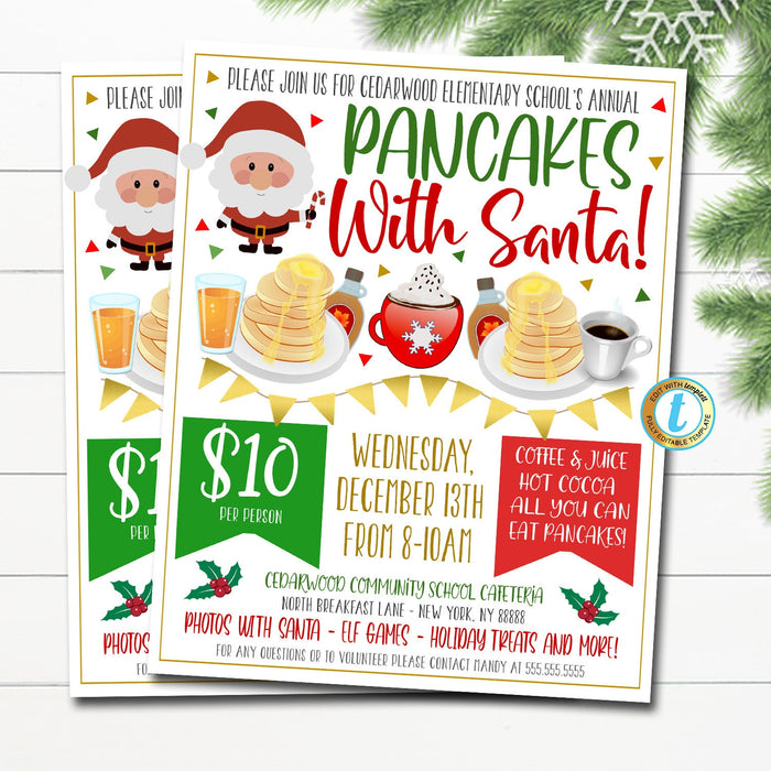 Pancakes with Santa flyer, EDITABLE template, Christmas fundraiser, PTA PTO event, Fundraiser ideas, Community event, Breakfast with Santa