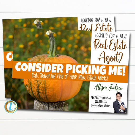 Fall Real Estate Postcard, pick me pumpkin promo, autumn Fall Real Estate Marketing, Real Estate Farming Postcard, Realtor Mailer Template