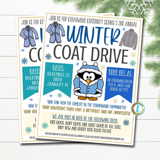 Winter Coat Drive Flyer, Printable Pta Pto Flyer, School Church Fundraiser Invite, Nonprofit Charity Community Donations, EDITABLE TEMPLATE