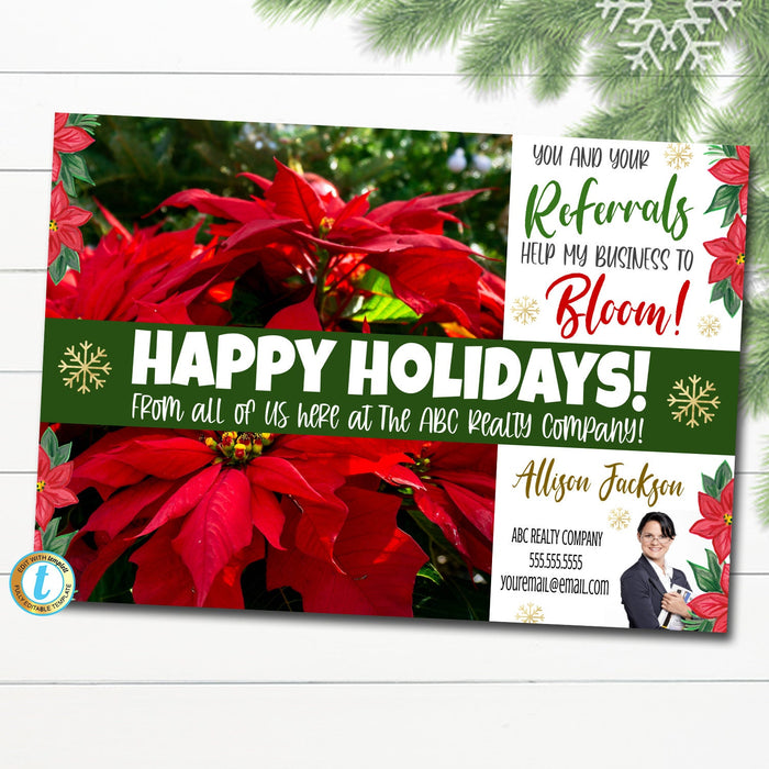 Poinsettia Christmas Realtor Postcard Mailer, Your Referrals Help My Business Bloom, Holiday Marketing Floral Plant Promo, Editable Template