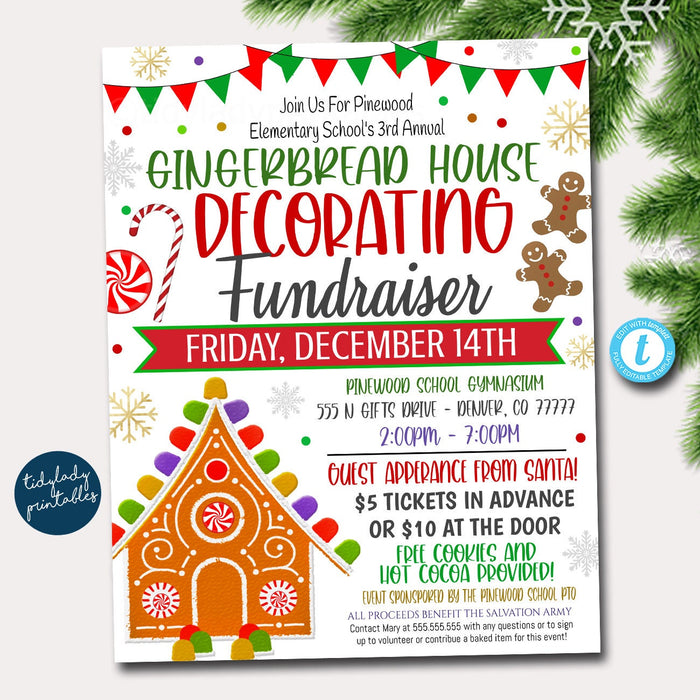Christmas Gingerbread House Decorating Fundraiser Flyer, Printable Holiday Invitation Community Church School Pto Pta, EDITABLE TEMPLATE