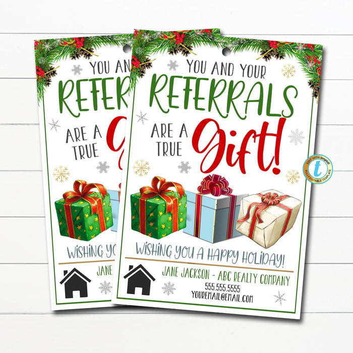 Christmas Realtor pop by gift tag for clients, you and your referrals are a true gift holiday present marketing promo idea Editable Template
