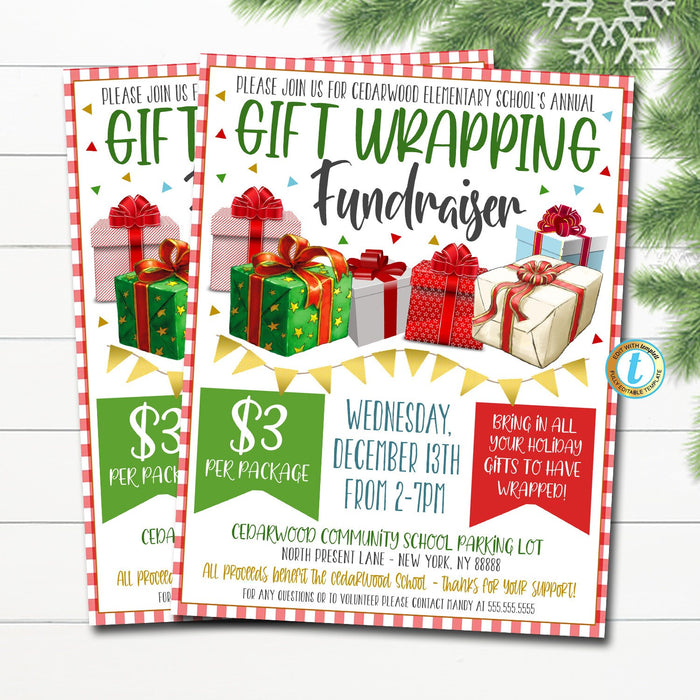 Gift Wrapping Fundraiser Flyer, Christmas School Church Pto Pta, Holiday Present Sale, Editable Template, Xmas Shopping, DIY Self-Editing
