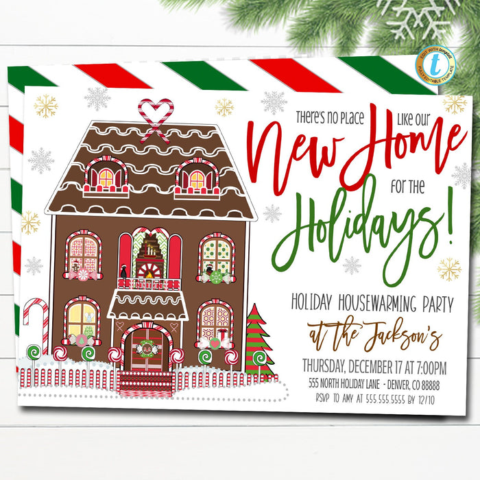 Holiday Housewarming Christmas Invitation, Christmas Party Invite Holiday Deck the Halls, Gingerbread House Party, Editable Template