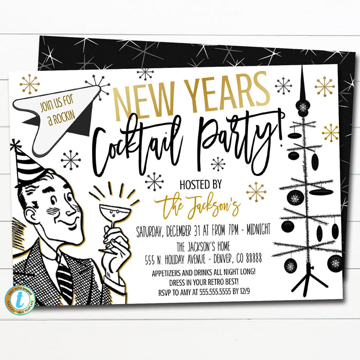 Retro New Years Cocktail Party Invitation Vintage Holiday Adult Party Invite, Mid Century Modern Deco Happy Hour Bar Party Editable Template