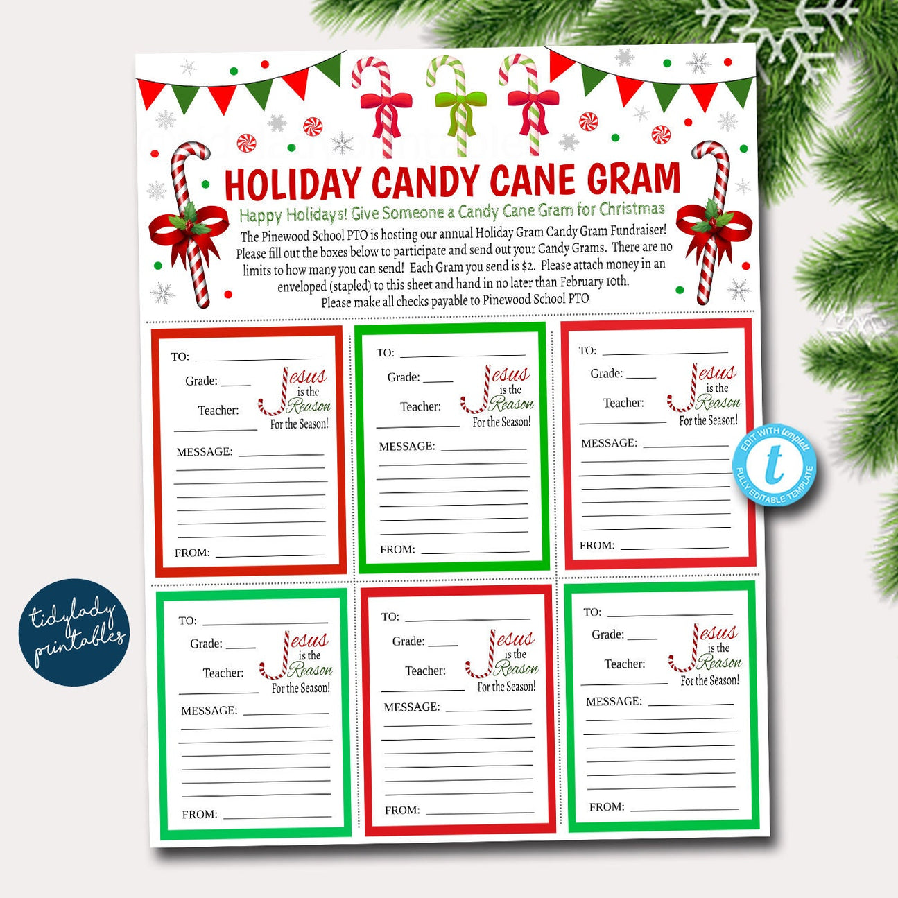 Christmas Candy Cane Gram Religious Flyer Template — Tidylady Printables