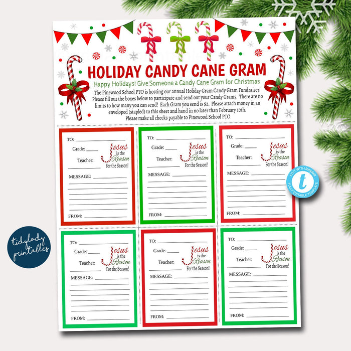 Christmas Candy Cane Gram Flyer, Holiday Candy Gram Fundraiser, School Pto Pta Church Religious Fundraiser Xmas Printable EDITABLE TEMPLATE