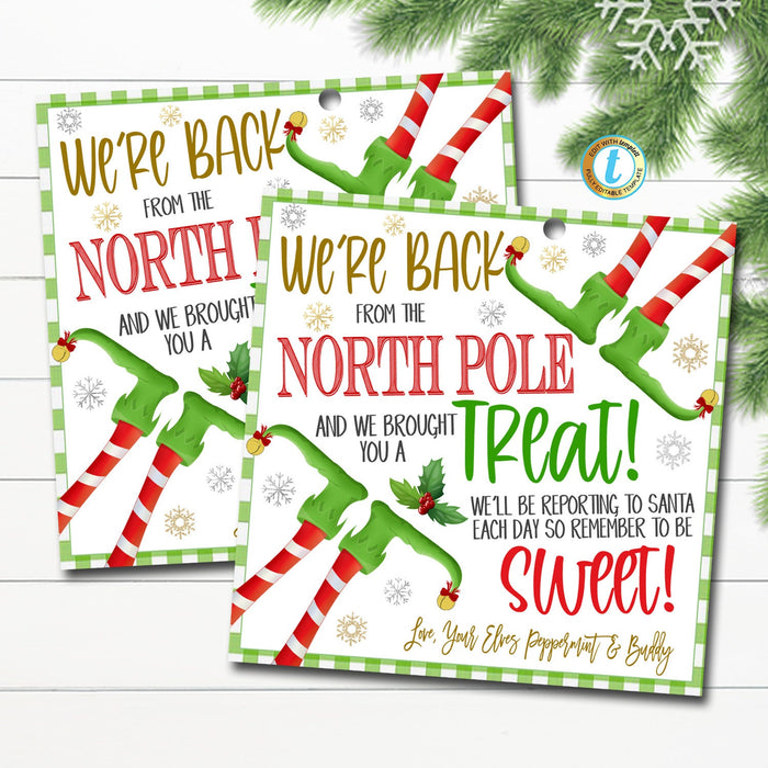 Elf we're back gift tags, christmas elf tradition, Elf back with gifts, Elf gift tags, Elves back from North Pole, Elf Return Treat EDITABLE