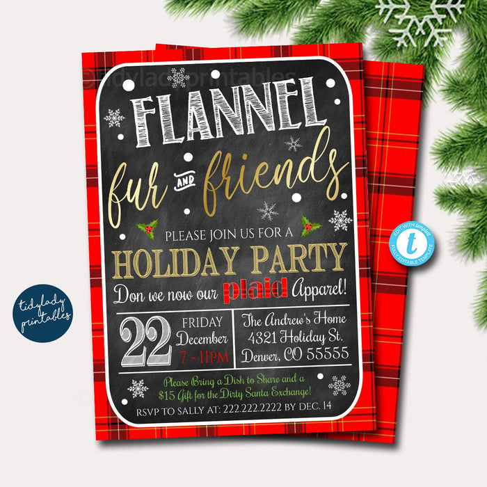 EDITABLE Flannel Fur & Friends Xmas Party Invitation, Christmas Party Invite, Holiday Pajama Party Plaid Apparel Invitation Digital Template