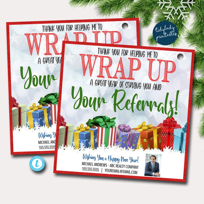 Christmas thanks for helping me wrap up a great year, Realtor Wrapping paper pop by gift tag for clients holiday marketing Editable Template