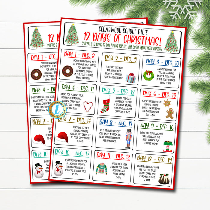Editable Christmas Holiday Appreciation Flyer, Teacher 12 Days of Christmas Calendar, School PTO PTA, Xmas Daily Events Itinerary Template