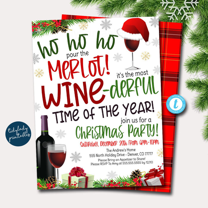 Christmas Wine Exchange Party, Christmas Cocktail Invite, Holiday Adult Xmas Plaid Party, Ho Ho Ho Pour the Merlot Invitation, EDITABLE