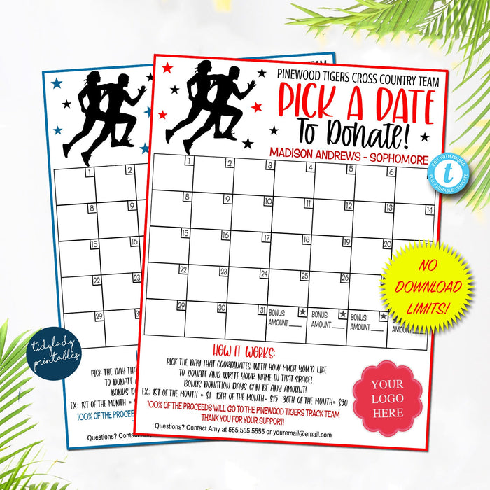 EDITABLE Cross Country Pick a Date to Donate Printable, Track Team Fundraiser, Running Sports Player Calendar, Printable Digital Template
