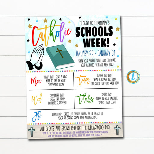 Catholic Schools Week, Spirit Itinerary Schedule, Daily Weekly Calendar, High School Pto Pta, Planner Printable, Events, Editable Template