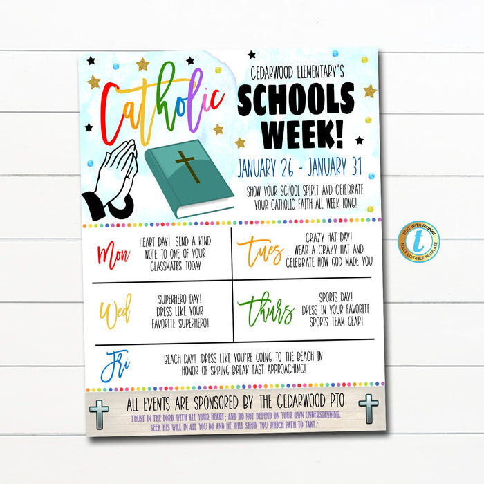 Catholic Schools Week, Spirit Itinerary Schedule, Daily Weekly Calendar, High School Pto Pta, Planner Printable, Events, Editable Template