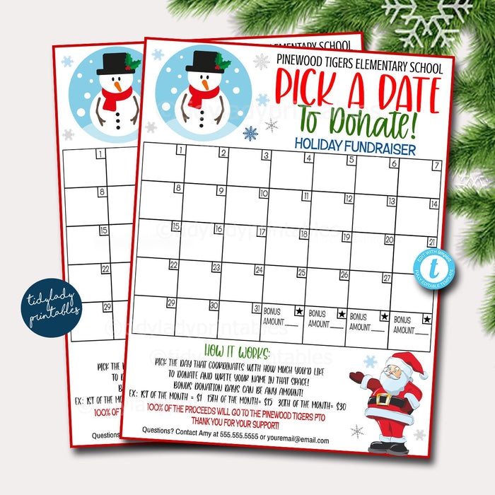 Holiday Fundraiser Calendar, Pick a Date to Donate December Christmas Sponsership Membership Donation Signup Printable Handout Form EDITABLE