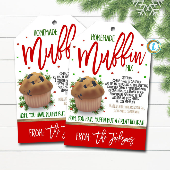 Christmas Gift Tags, Muffin Mix Recipe Tag, Holiday Teacher Staff Secret Santa Gift Xmas Hostess Brunch Treat Label DIY Editable Template