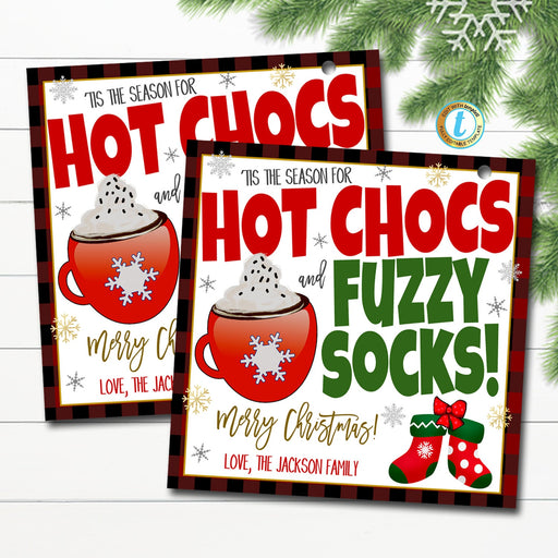 Christmas Gift Tags, Hot Chocs and Fuzzy Socks, Teacher Staff Employee Holiday Gift, Xmas Sock Tag Editable Template, Self-Editing Download