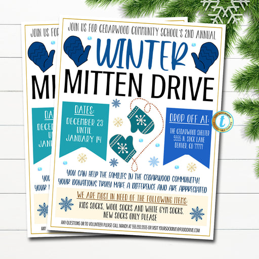 Winter Mitten Drive Flyer, Printable Pta Pto Flyer, School Church Fundraiser Invite, Nonprofit Charity Community Donations EDITABLE TEMPLATE