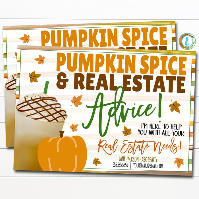 Fall Realtor Postcard Mailer, Pumpkin Spice and Real Estate Advice, Coffee Small Business Marketing Client Referral Idea, Editable Template
