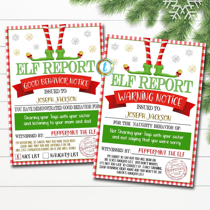 Elf Report Notice Printables, Warning Notice and Good Behavior Notice, Christmas Kids Holiday Elf Idea Activity, Naughty or Nice, EDITABLE