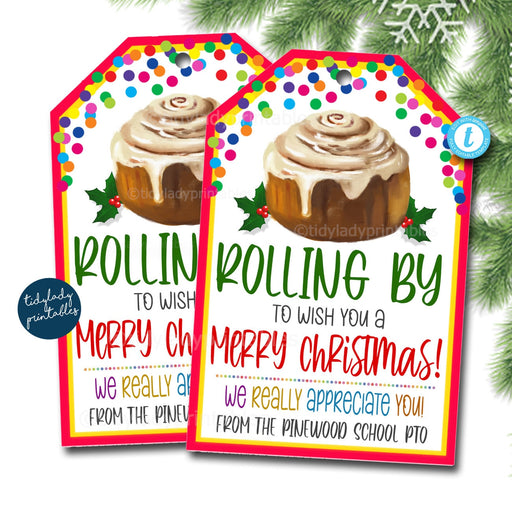 Holiday Cinnamon Roll Gift Tag, Rolling By to Wish you a Merry Christmas, Nurse Teacher Employee Staff Appreciation, Bakery Treat, EDITABLE