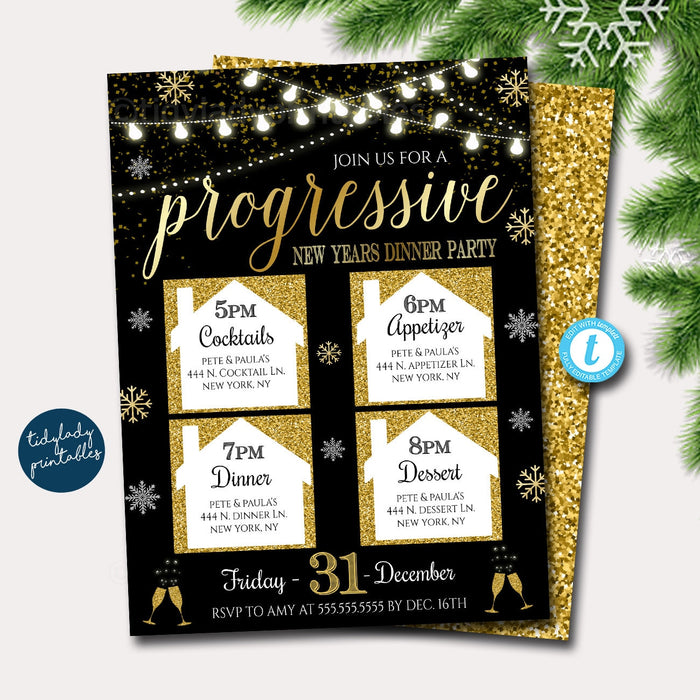 Editable New Years Progressive Dinner Party Invitation, Holiday Potluck Party Invite Black Gold Printable, Xmas Round Robin Digital Template