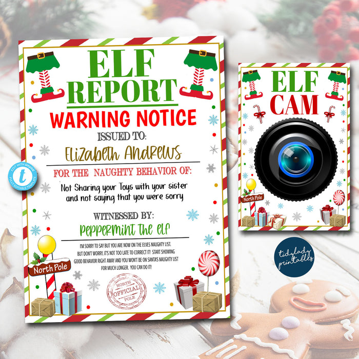 Elf Warning Notice and Elf Cam Printable, Christmas Kids Holiday Elf Idea Activity, Naughty or Nice Behavior, Family Elf EDITABLE TEMPLATE