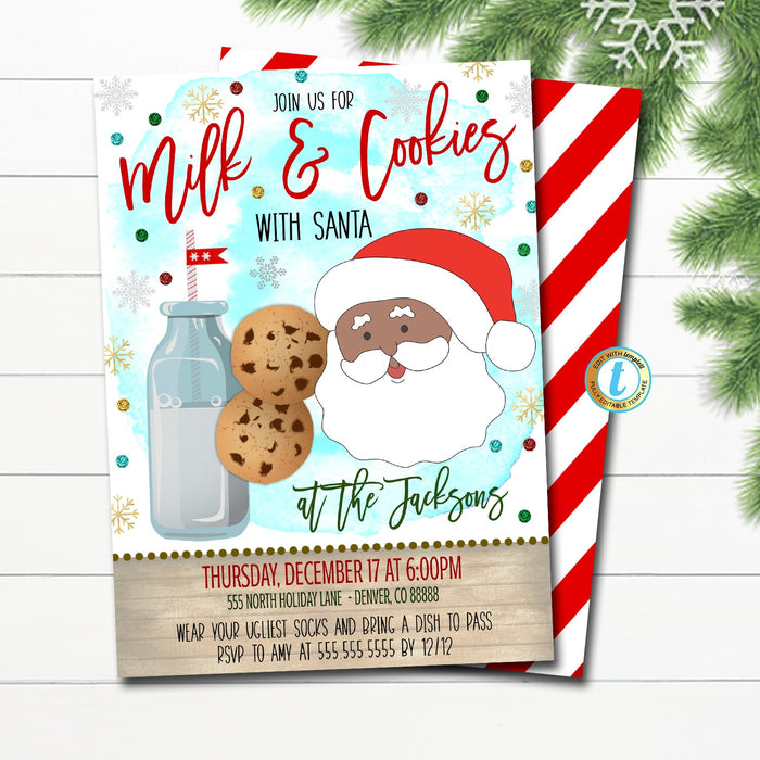 Milk and Cookies Christmas Party Invitation, Kids Xmas Birthday Invite Holiday Santa Cookie Exchange Decorating Party DIY Editable Template