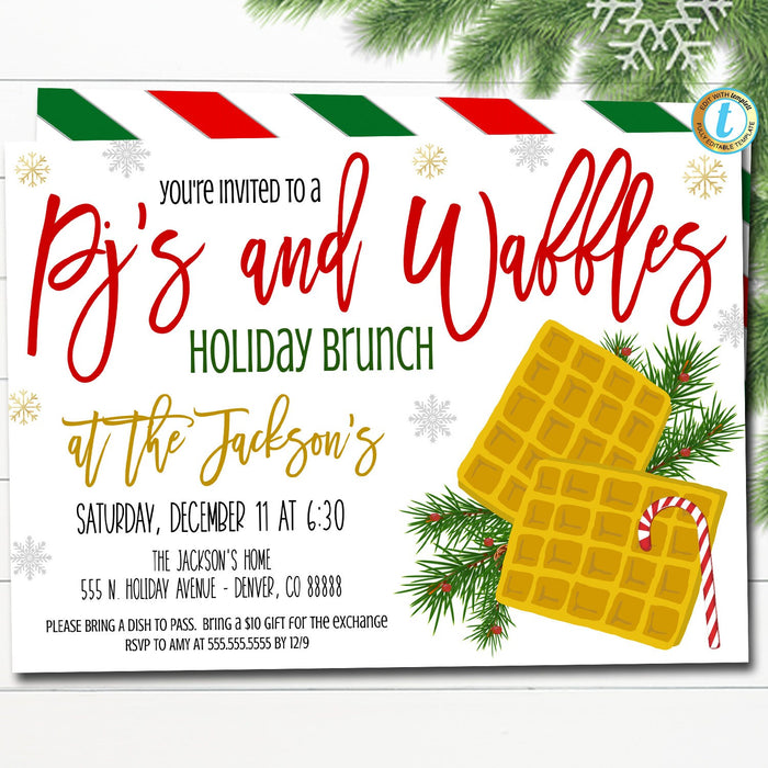 Christmas PJs and waffles Invitation, Editable Waffles & Pajamas Birthday Party, Holiday Brunch Breakfast School Classroom, DIY Template