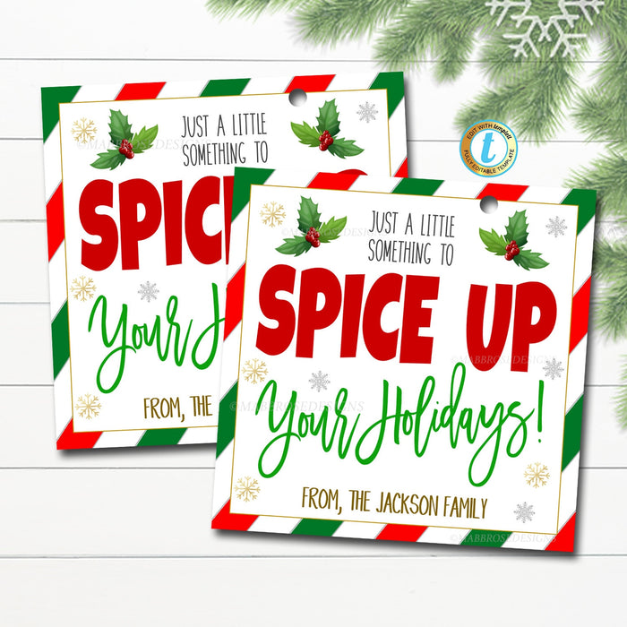 Christmas Gift Tags, Spice Up Your Holiday, Seasonings Gift Label, Secret Santa White Elephant Gift Xmas Tag, DIY Editable Template