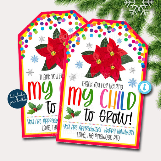 EDITABLE Christmas Gift Tags, Thank You For Helping Me Grow Flower Holiday Teacher Gift Nanny Daycare Babysitter Gift, Xmas School TEMPLATE
