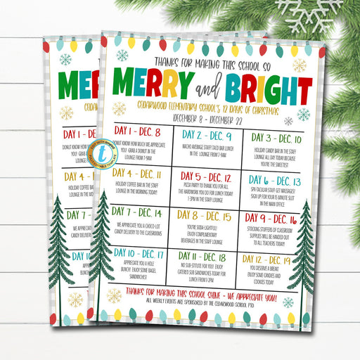 Printable Editable Holiday Teacher and Staff Appreciation Itinerary Christmas Merry and Bright Theme Winter Flyer Poster, Schedule of Events