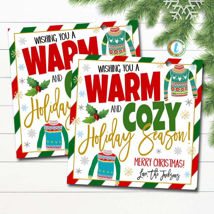 Christmas Gift Tags, Warm and Cozy Holiday, Teacher Staff Employee Holiday Gift, Xmas Sweater Tag Editable Template, Self-Editing Download