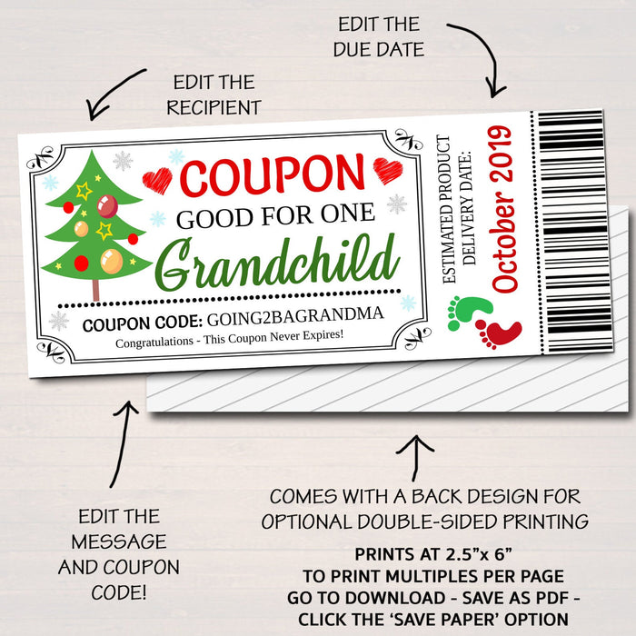 EDITABLE Christmas Pregnancy Announcement Coupons, Holiday Printable Coupons, Good For One Grandchild, Niece, Grandparents Aunt, Daddy to Be