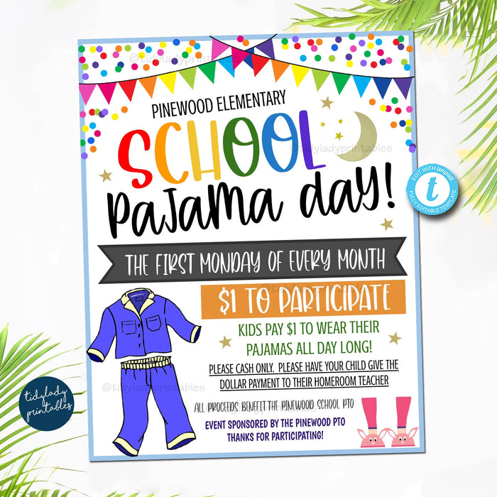Editable School Pajama Day Flyer, School Spirit Party, Kids Elementary School Fundraiser, Fun Fundraising Idea School PTO PTA Event Template