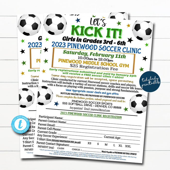 EDITABLE Soccer Clinic Registration Form Printable, Soccer Fundraiser Flyer, Team Sports Soccer Player Sign up Event, Printable Template