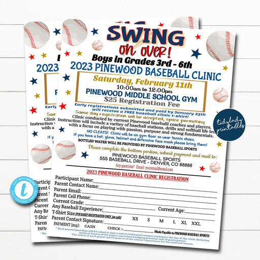 EDITABLE Baseball Clinic Registration Form Printable, Little League Tball Fundraiser Flyer, Team Sports Boy Player Event, Printable Template
