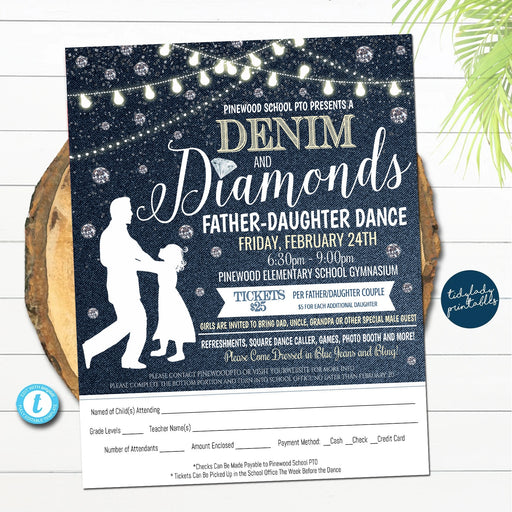 Daddy Daughter Dance, Denim and Diamonds Blue Jeans and Bling Theme, School Pto Pta, Church Fundraiser Flyer Invite Event EDITABLE TEMPLATE