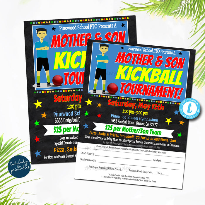 Mother Son Kickball Tournament Flyer, Sports Date Invitation, Family Game Night, Church Community Event, School pto pta, EDITABLE TEMPLATE