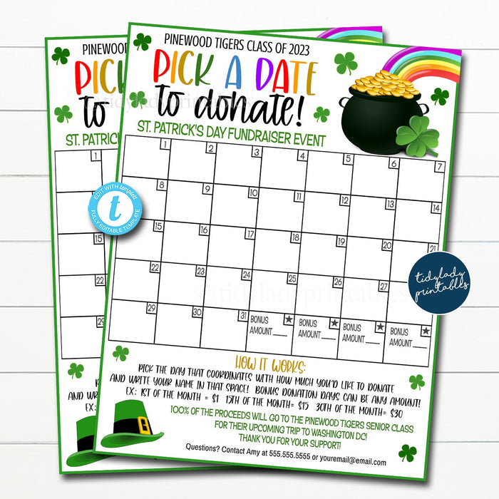 St. Patrick's Day Fundraiser Calendar, Pick a Date to Donate March Sponsership Membership Donation Signup Printable Handout Form EDITABLE