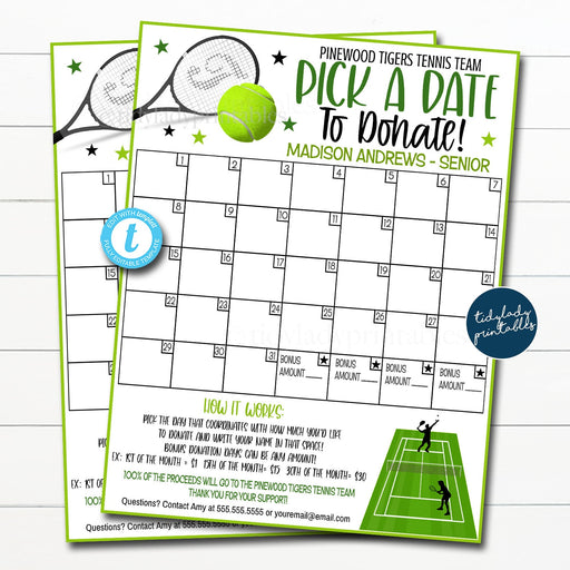 EDITABLE Tennis Pick a Date to Donate Printable Tennis Fundraiser, Team Sports Tennis Player Fundraising Calendar Printable Digital Template