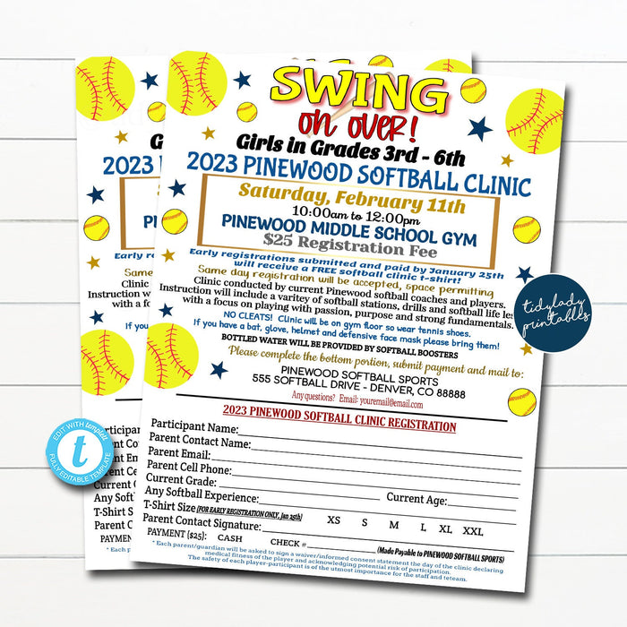 EDITABLE Softball Clinic Registration Form Printable, Softball Fundraiser Flyer, Team Sports Girls Softball Player Event, Printable Template