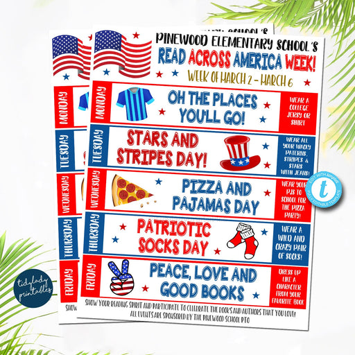 School Spirit Week Itinerary Schedule, Reading Across America, School Pto Pta, Elementary Kids Schedule Planner, Printable Editable Template