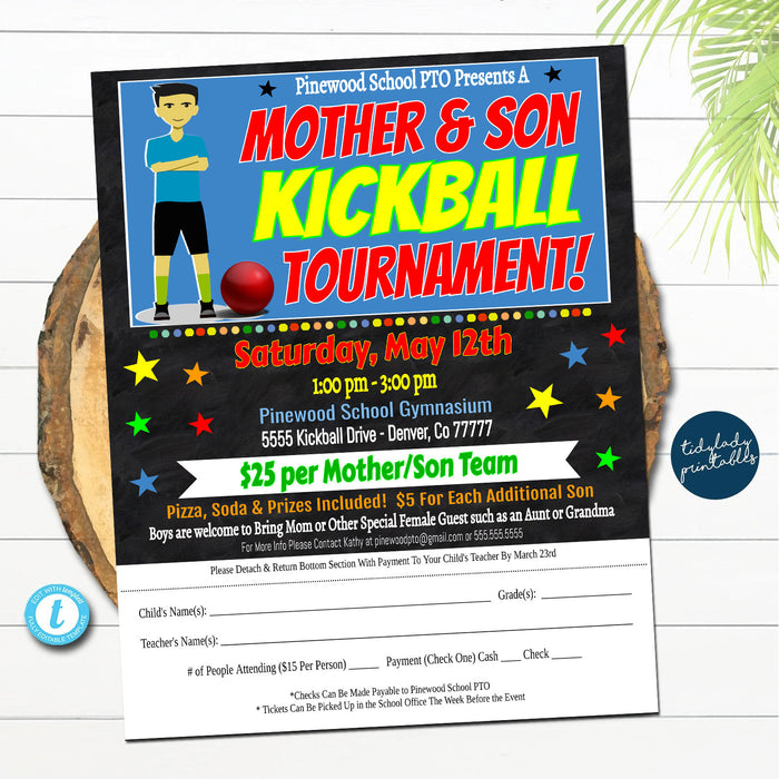 Mother Son Kickball Tournament Flyer, Dance Date Invitation, Family Game Night, Church Community Event, School pto pta, EDITABLE TEMPLATE