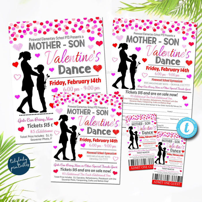 EDITABLE Mother Son Valentine's Day Dance Set Sweet Heart School Dance Flyer Party Invite, Church Community Event, pto pta, Ticket TEMPLATE