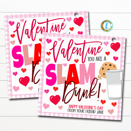 Valentine Milk and Cookies Gift Tag, You're a Slam Dunk! Teacher Staff Employee Classroom Party Friend Tag, School Pto Pta Editable Template