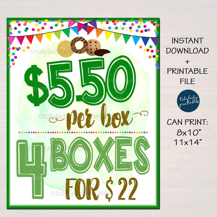 Cookie Price Sign, 5.50 dollars per box 5 for 22, Cookies Sold Here, Printable Cookie Booth Poster, Sale Fundraiser Display INSTANT DOWNLOAD